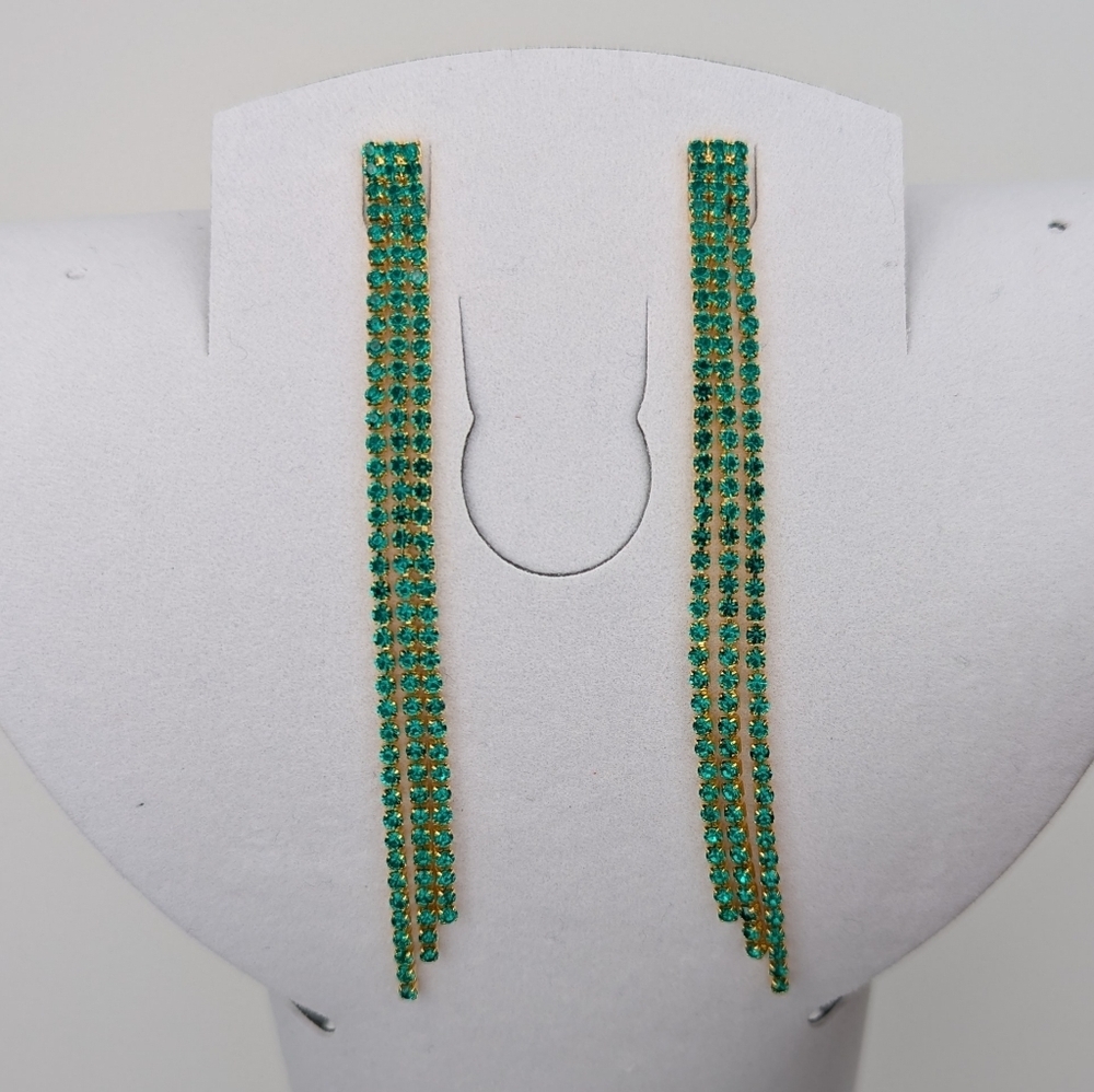 Green Gemstone Gold Dangle Earrings Rhinestone